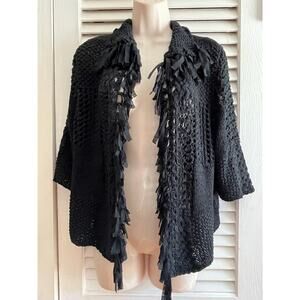 Chico's‎ boho retro fringed short caridgan open weave size 1 grunge stunning